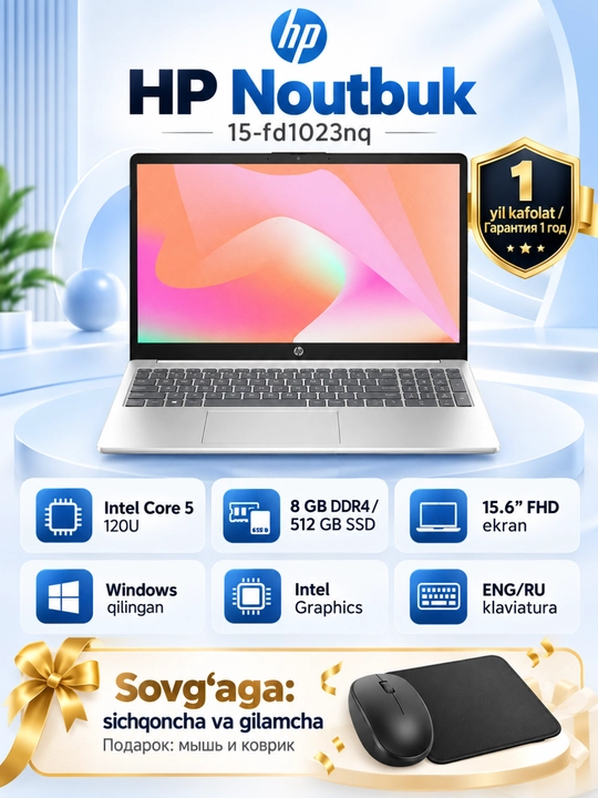 Noutbuk HP 15-fd1023nq, Core 5 120U, 8/512GB, 15.6" FHD, 1 yil kafolat - 