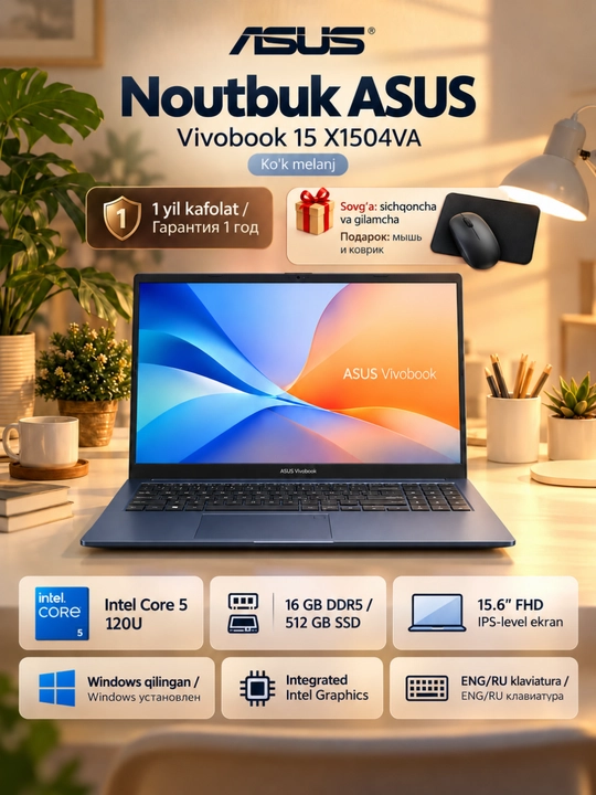 Noutbuk ASUS Vivobook 15 X1504VA, Core 5 120U, 60 Hz, 16/512GB, 15.6" FHD, 1 yil kafolat - 