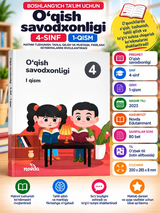 O‘qish savodxonligi 4-sinf, 1-qism — M.E. Toirova | Novda Edutainment, 2023 | 80 beta - 