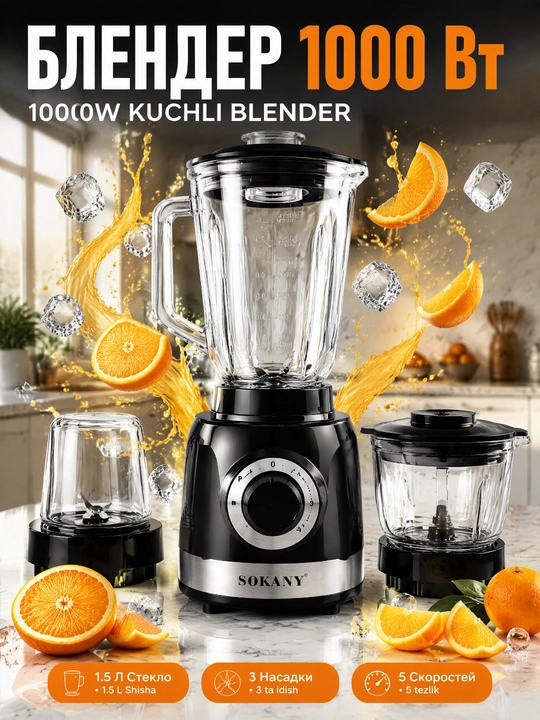 Блендер SOKANY SK-JB-178, 1000 Вт, 1,5 л, 3 чаши, многофункциональный для смузи и мяса - 