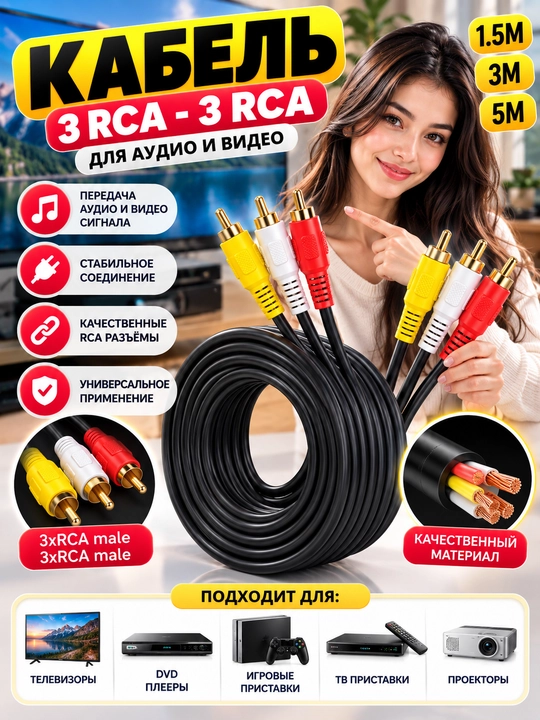 Кабель аудио-видео 3 RCA — 3 RCA, тюльпан, 1.5 / 3 / 5 м, для ТВ и DVD - 