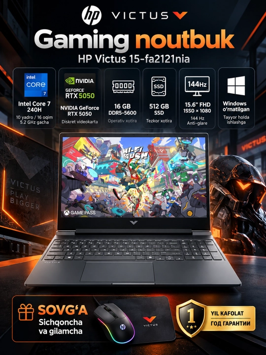 Игровой ноутбук HP Victus 15-fa2121nia, Core 7 240H, 16/512ГБ, RTX 5050 - 