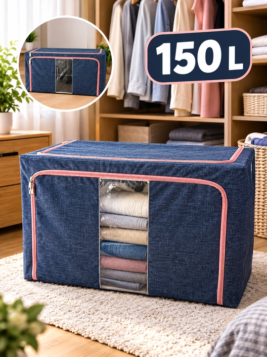 Buyumlar va кийимлар uchun 150 litrli matoli organayzer-sandiq (shaffof darchali) - 
