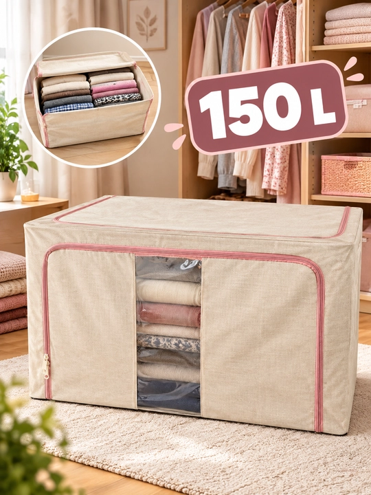 Buyumlar va кийимлар uchun 150 litrli matoli organayzer-sandiq (shaffof darchali) - 
