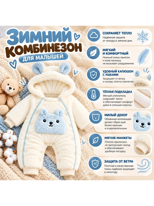 Утеплённый зимний комбинезон для новорождённых и малышей с капюшоном, 59–90 - 