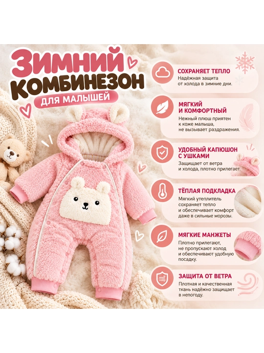 Утеплённый зимний комбинезон для новорождённых и малышей с капюшоном, 59–90 - 
