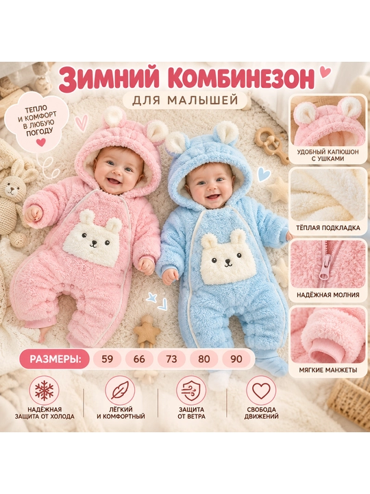 Chaqaloqlar va kichkintoylar uchun kapyushonli issiq qishki kombinezon, 59-90