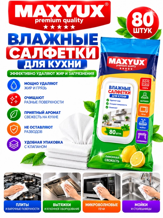 Влажные салфетки для уборки кухни — 80 шт.