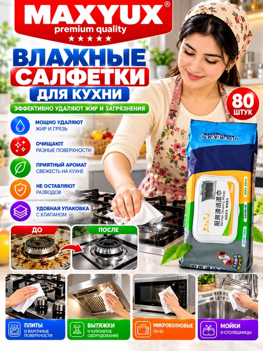 Влажные салфетки для уборки кухни — 80 шт.