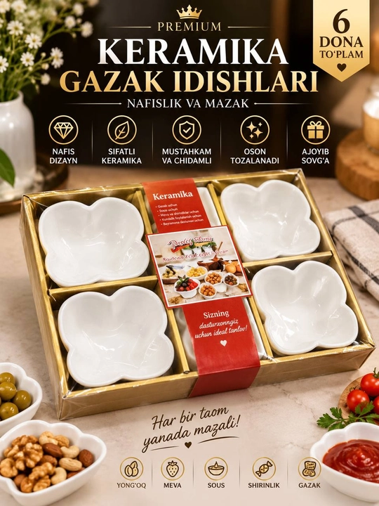 Gazaklar va souslar uchun gul shaklidagi 6 ta oq sopol idishdan iborat to‘plam - 