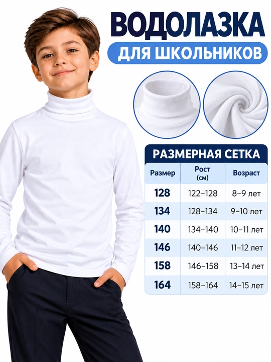Bolalar  oq rangli vodolazka, 100% paxta, maktab uchun, uzun yengli, o‘g‘il bolalar kiyimi