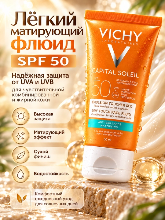 Солнцезащитная эмульсия для лица Vichy Capital Soleil Dry Touch SPF50, 50 мл - 