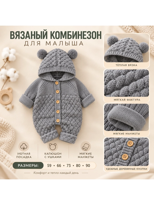 Вязаный комбинезон для малышей и новорождённых, для мальчиков и девочек, 59–90 - 