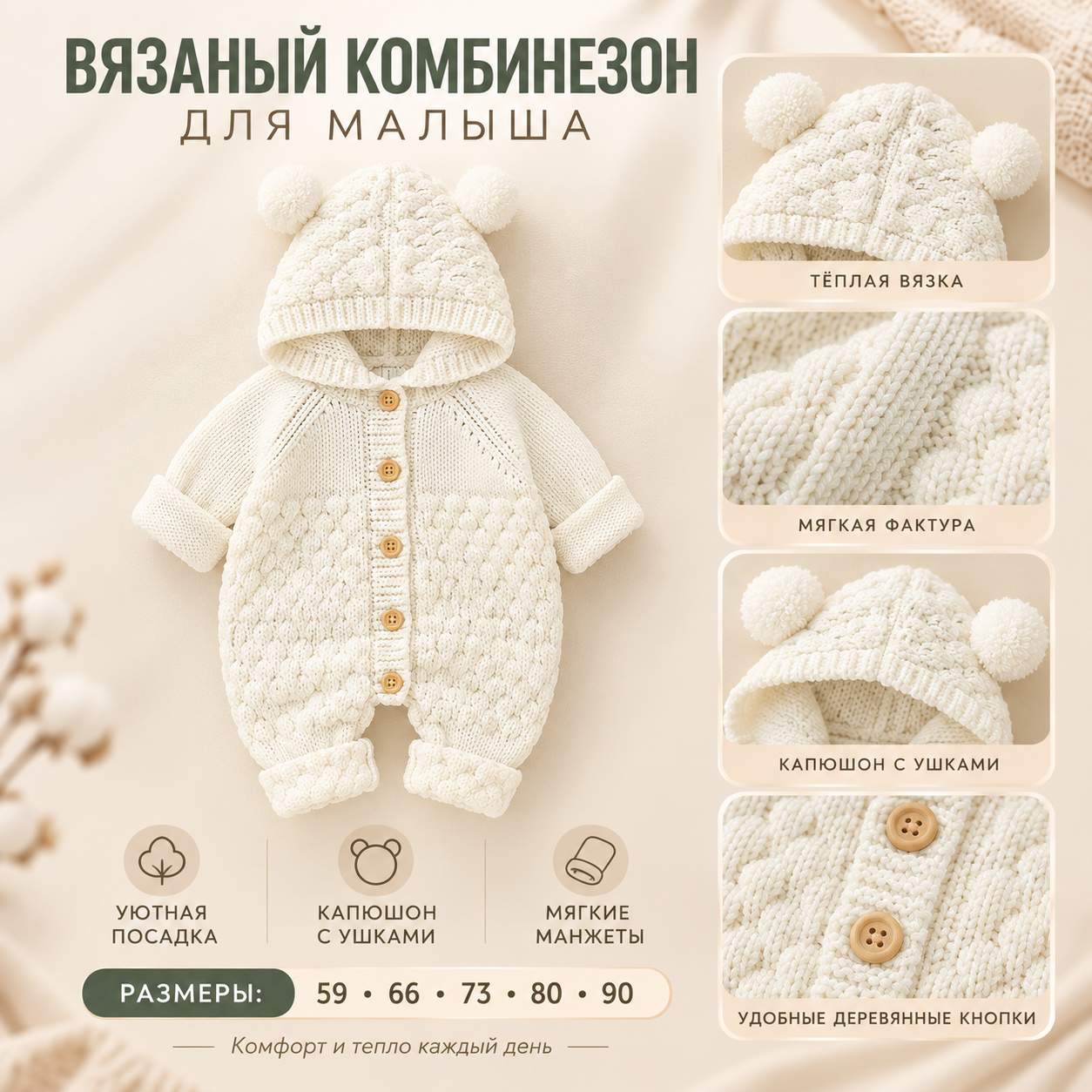 Вязаный комбинезон для малышей и новорождённых, для мальчиков и девочек, 59–90 - 