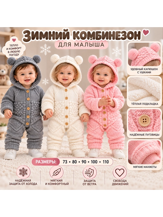 Вязаный комбинезон для малышей и новорождённых, для мальчиков и девочек, 59–90