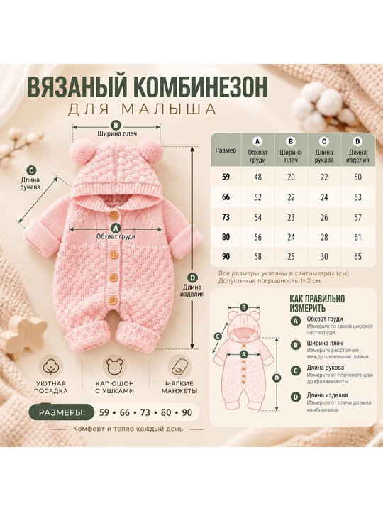 Вязаный комбинезон для малышей и новорождённых, для мальчиков и девочек, 59–90