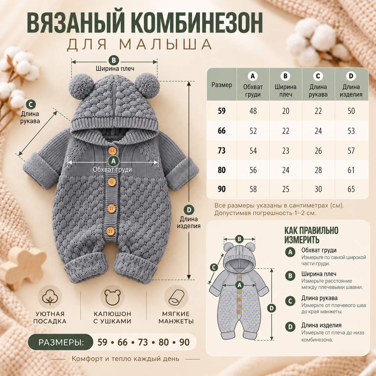 Вязаный комбинезон для малышей и новорождённых, для мальчиков и девочек, 59–90