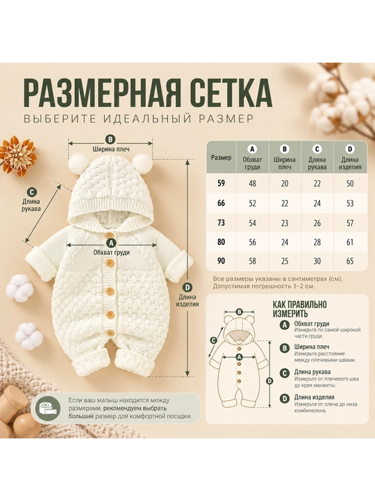 Вязаный комбинезон для малышей и новорождённых, для мальчиков и девочек, 59–90