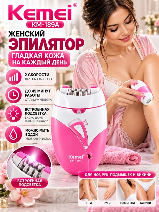 Kemei KM-189A akkumulyatorli ayollar epilyatori, 2 tezlik, pushti