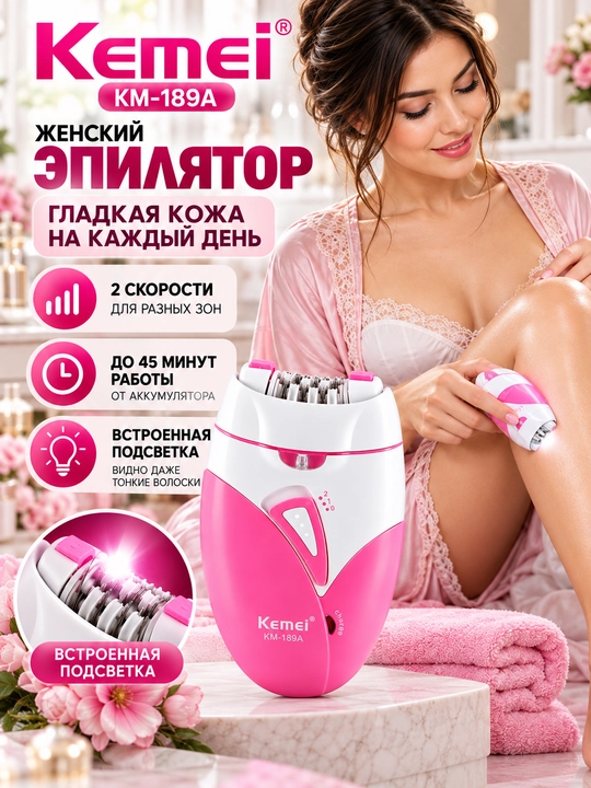 Kemei KM-189A akkumulyatorli ayollar epilyatori, 2 tezlik, pushti
