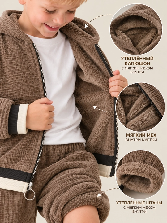 O‘g‘il bolalar uchun issiq mexli sport komplekt, kapushonli dvoyka, 3-5 va 8-10 yosh