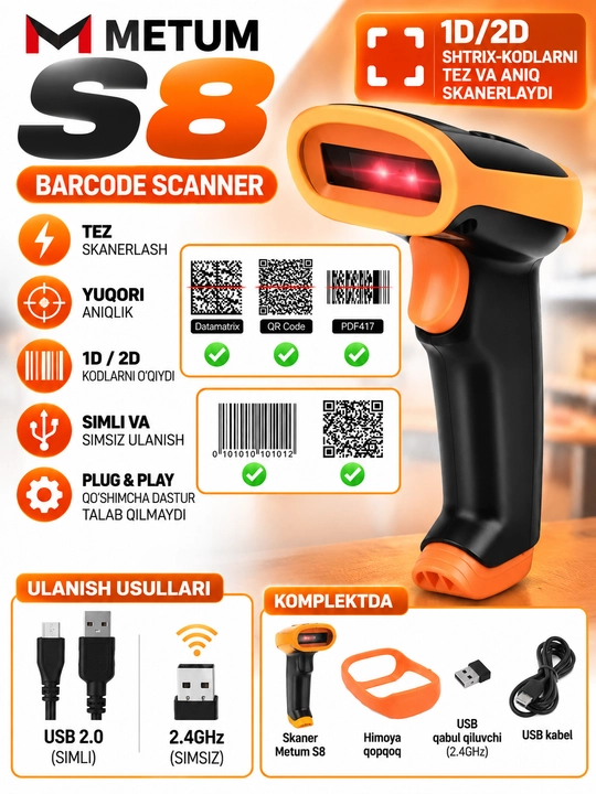 2D NETUM S8, shtrix kod va QR-kod skaneri, kabelsiz va kabelli ulanish - 