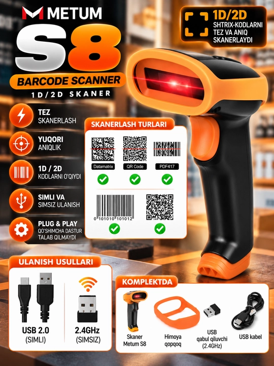 2D NETUM S8, shtrix kod va QR-kod skaneri, kabelsiz va kabelli ulanish