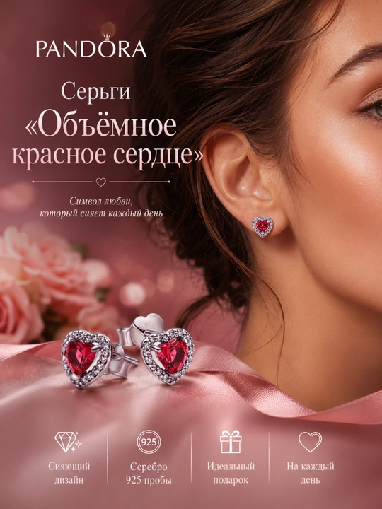 Серьги Timeless «Объёмное красное сердце», серебро 925, арт. 298427C04