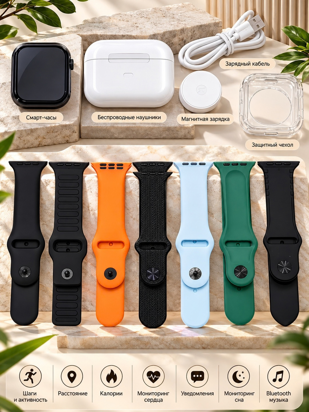 Smart watch, simsiz quloqchinlar, magnitli zaryadlash va brasletlar to‘plami