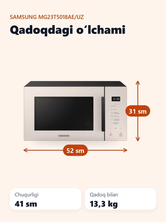 Mikroto'lqinli pech MG23T5018AE/UZ grillik, keramik emal bilan qoplangan, 23 litr