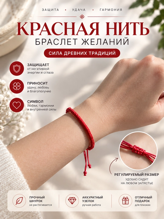 Красная нить на запястье с регулировкой, браслет-оберег, универсальный размер - 