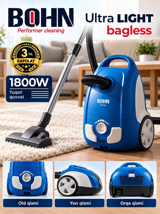 BOHN 1800W uy uchun kuchli qopli changyutgich - 
