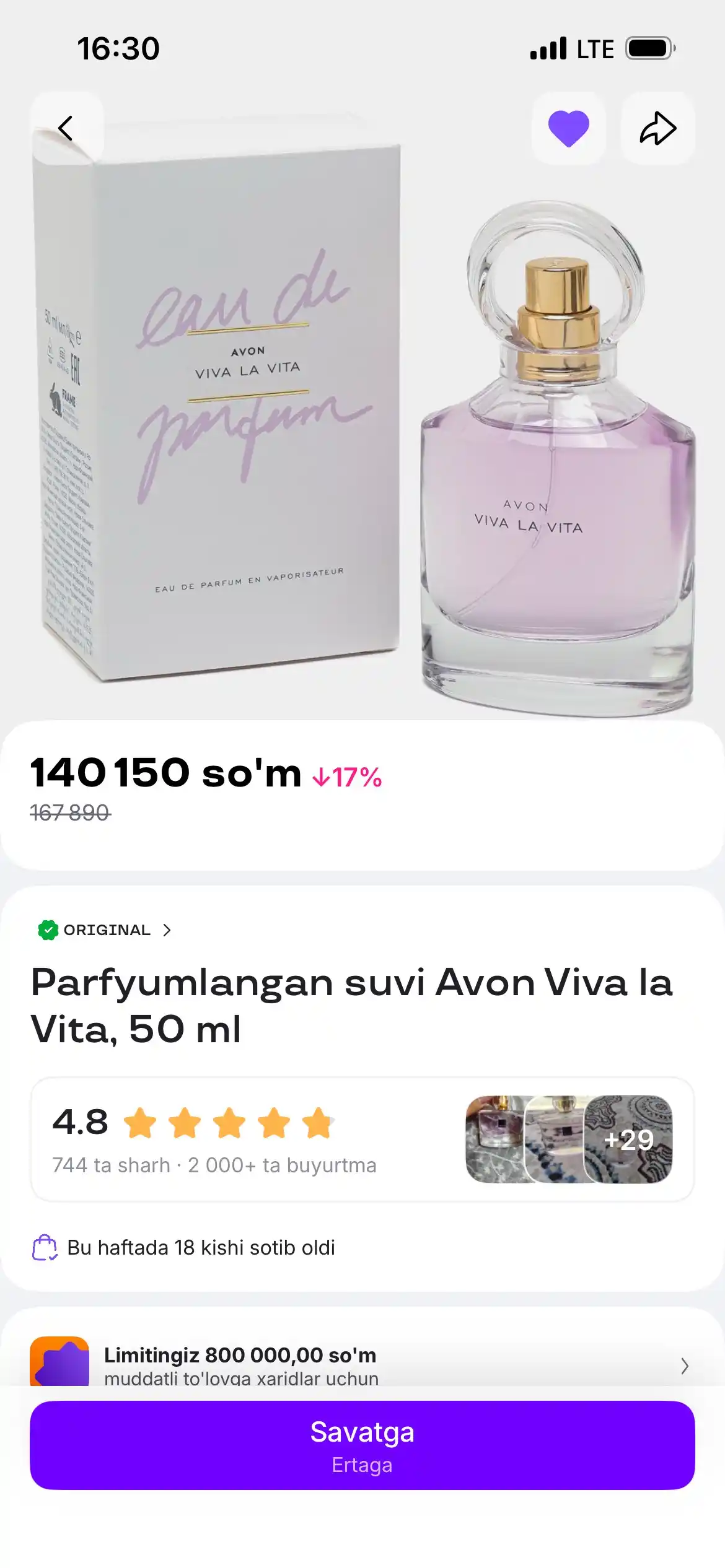 Parfyumlangan suvi Avon Viva la Vita, 50 ml