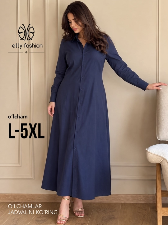 ELLY FASHION ayollar uzun ko‘ylak-rubashkasi, maksi, L–5XL - 
