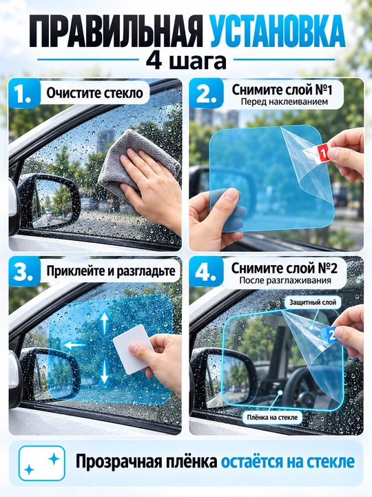 Антидождeвая плёнка для боковых зеркал авто 13.5×9.5 см 2 шт