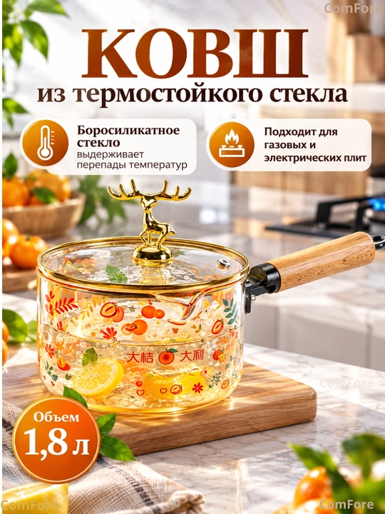 Shisha kastryulya 1,8 litrli sho‘rva qozoni, issiqqa chidamli bo‘tqa va sut uchun cho‘mich - 
