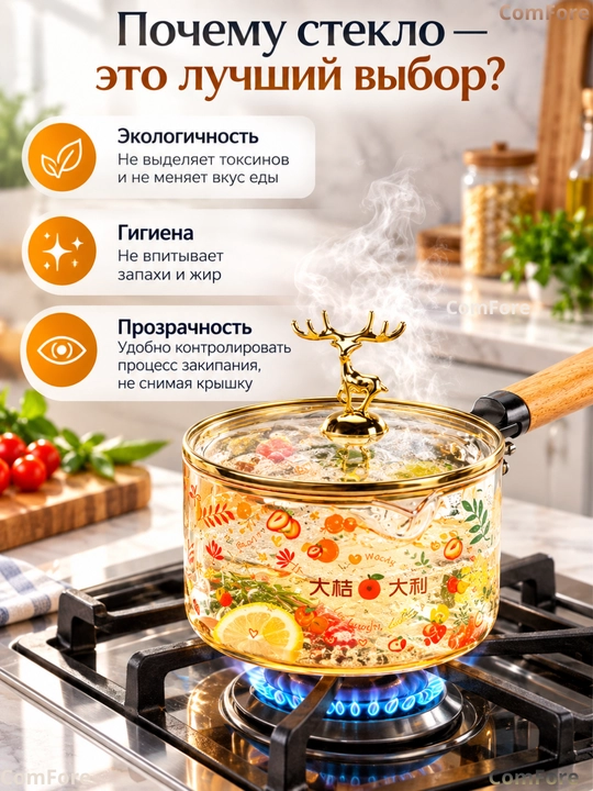 Shisha kastryulya 1,8 litrli sho‘rva qozoni, issiqqa chidamli bo‘tqa va sut uchun cho‘mich