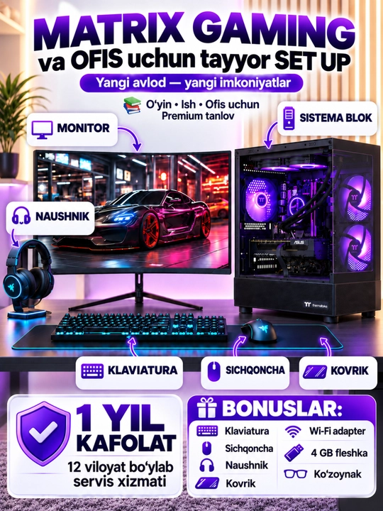 Kompyuter, tayyor to‘plam o‘yin va ofis uchun RX580 8GB, 16GB RAM, korpus va monitor bilan - 