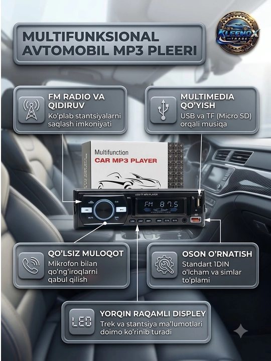 Автомагнитола 1DIN, Bluetooth MP3 плеер, RGB подсветка и 2x USB