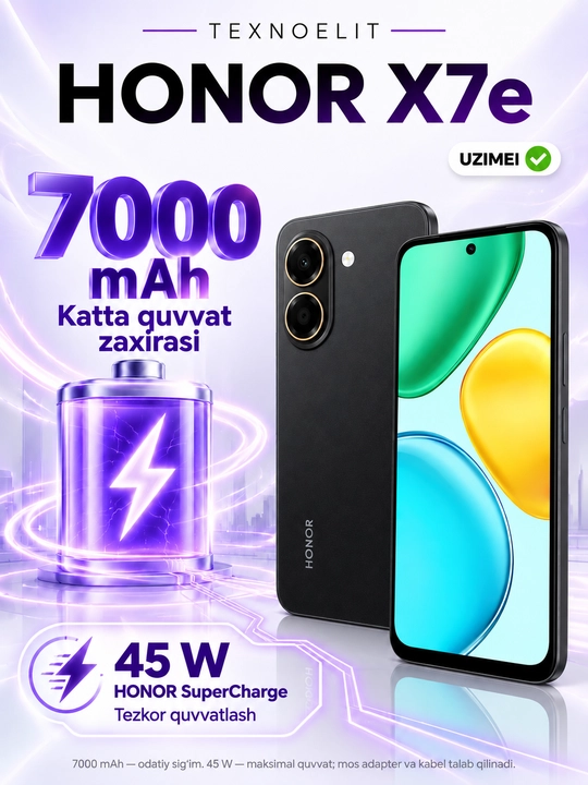 HONOR X7e smartfoni, 6 GB/256 GB, 7000 mA/soat, 45 Vt, 6,61′′ 120 Gs, 50 MP