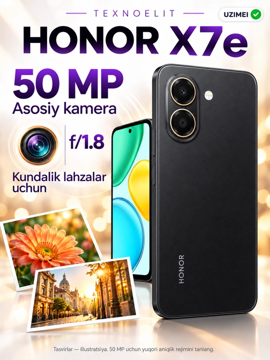 HONOR X7e smartfoni, 6 GB/256 GB, 7000 mA/soat, 45 Vt, 6,61′′ 120 Gs, 50 MP