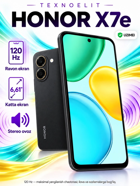 HONOR X7e smartfoni, 6 GB/256 GB, 7000 mA/soat, 45 Vt, 6,61′′ 120 Gs, 50 MP