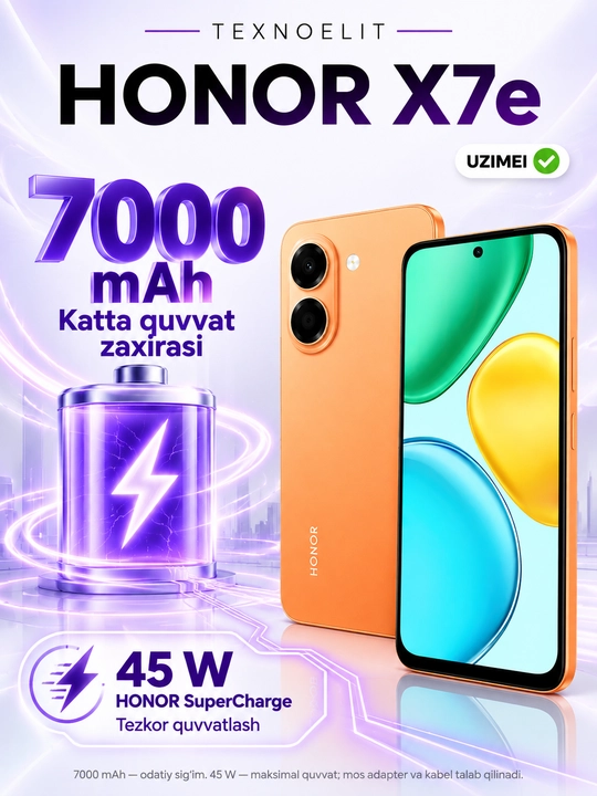 HONOR X7e smartfoni, 6 GB/256 GB, 7000 mA/soat, 45 Vt, 6,61′′ 120 Gs, 50 MP