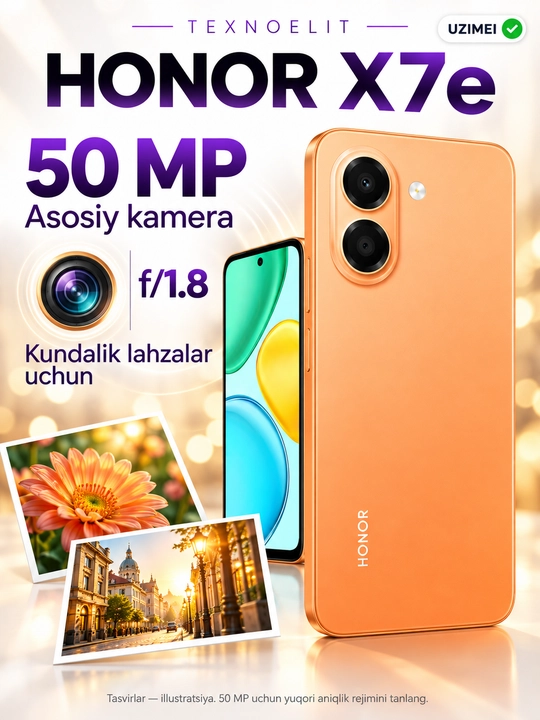 HONOR X7e smartfoni, 6 GB/256 GB, 7000 mA/soat, 45 Vt, 6,61′′ 120 Gs, 50 MP