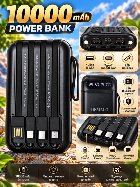 Повербанк 10000 мАч, 4 встроенных кабеля, USB и Type-C, LED-фонарик - 