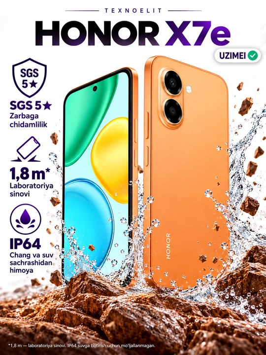 HONOR X7e smartfoni, 6 GB/256 GB, 7000 mA/soat, 45 Vt, 6,61′′ 120 Gs, 50 MP