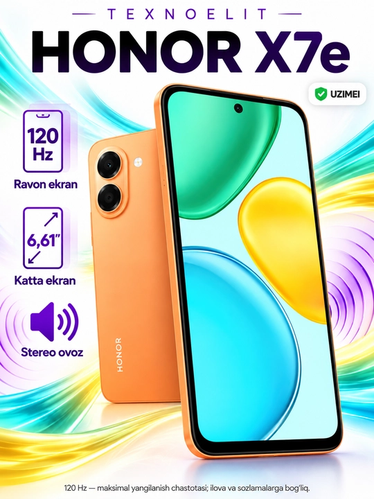 HONOR X7e smartfoni, 6 GB/256 GB, 7000 mA/soat, 45 Vt, 6,61′′ 120 Gs, 50 MP