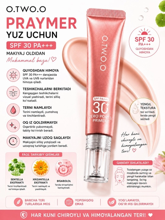 O.TWO.O SPF 30 PA+++ yuz uchun primer baza, poralarni yashiradi, quyoshdan himoya qiladi - 