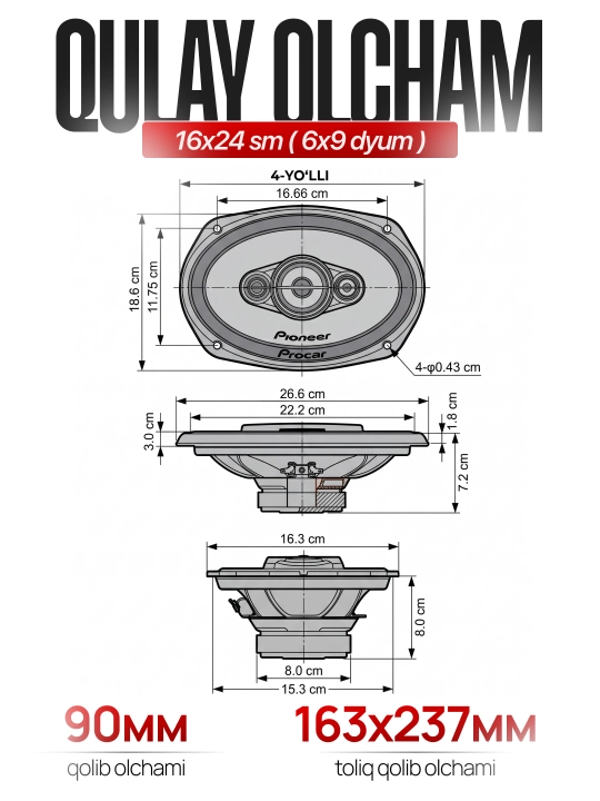 Avtomobil kalonkalari Pioneer 450W, 650W, 700W oval dinamiklar mashina uchun 4 polosali