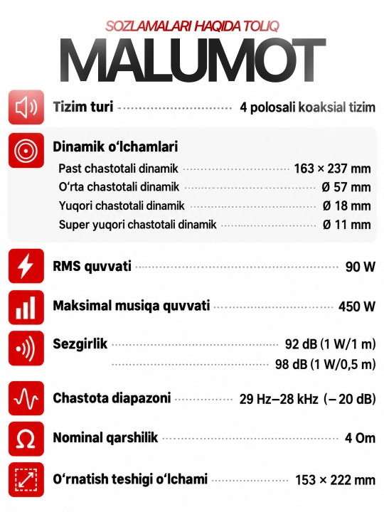 Avtomobil kalonkalari Pioneer 450W, 650W, 700W oval dinamiklar mashina uchun 4 polosali